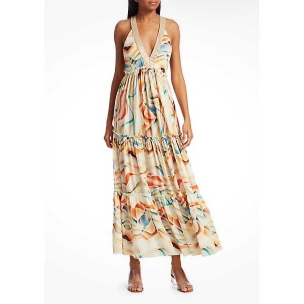 Le Superbe Metallic Gold Trim‎ Abstract Wave Tiered Maxi Dress - Size 2